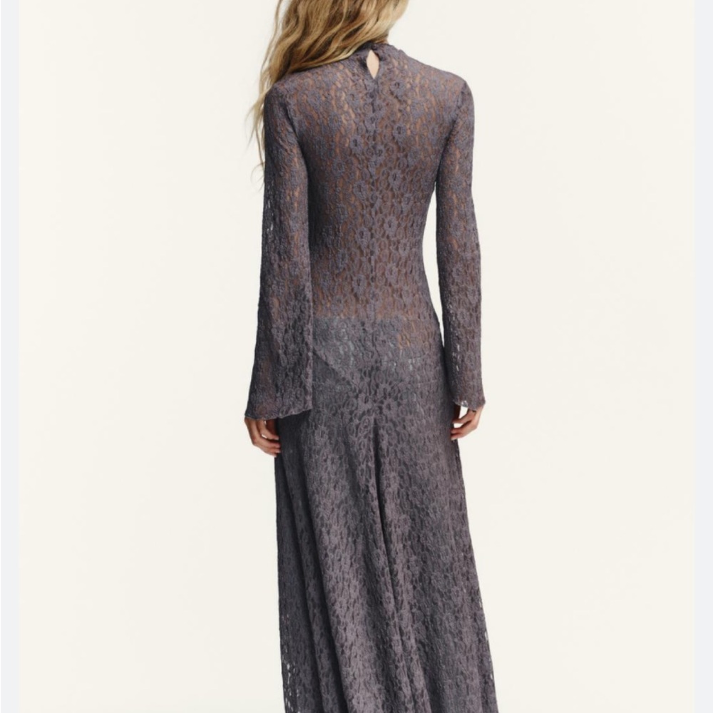 Zara Charcoal Gray Lace High-Neck Long-Sleeve Maxi Dress - Picture 3 of 7